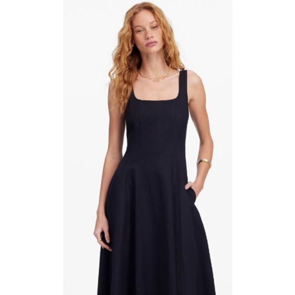 Madewell Plus Seamed Square-Neck Midi Dress Smocked Back Black Pockets Size 14 - Picture 2 of 13